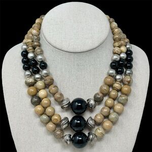 Picture Jasper & Black Onyx Sterling Silver Bead 3 Row Necklace